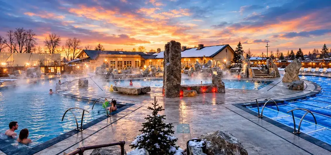 Steaming outdoor pools at Bozeman Hot Springs at sunset