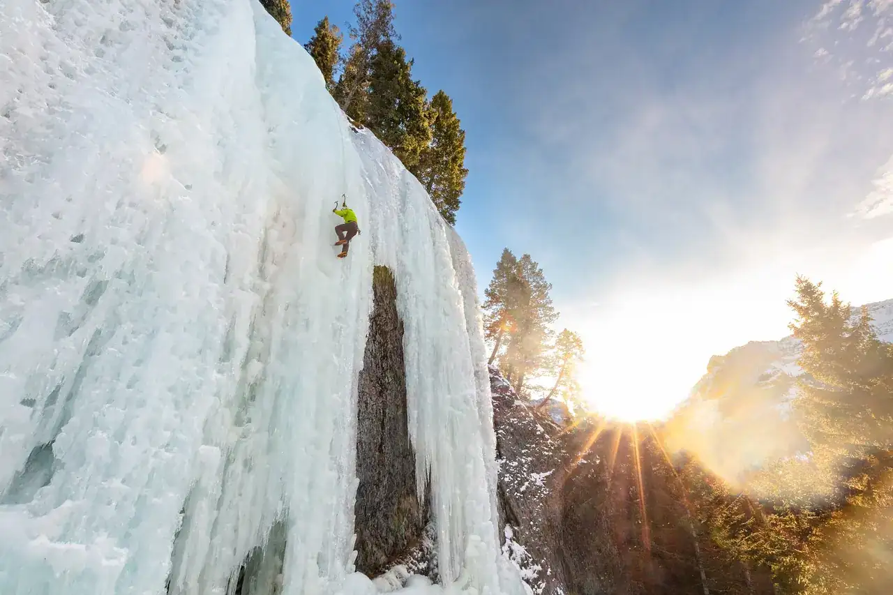 An ice climber on the Genesis Wall in Hyalite Canyon
